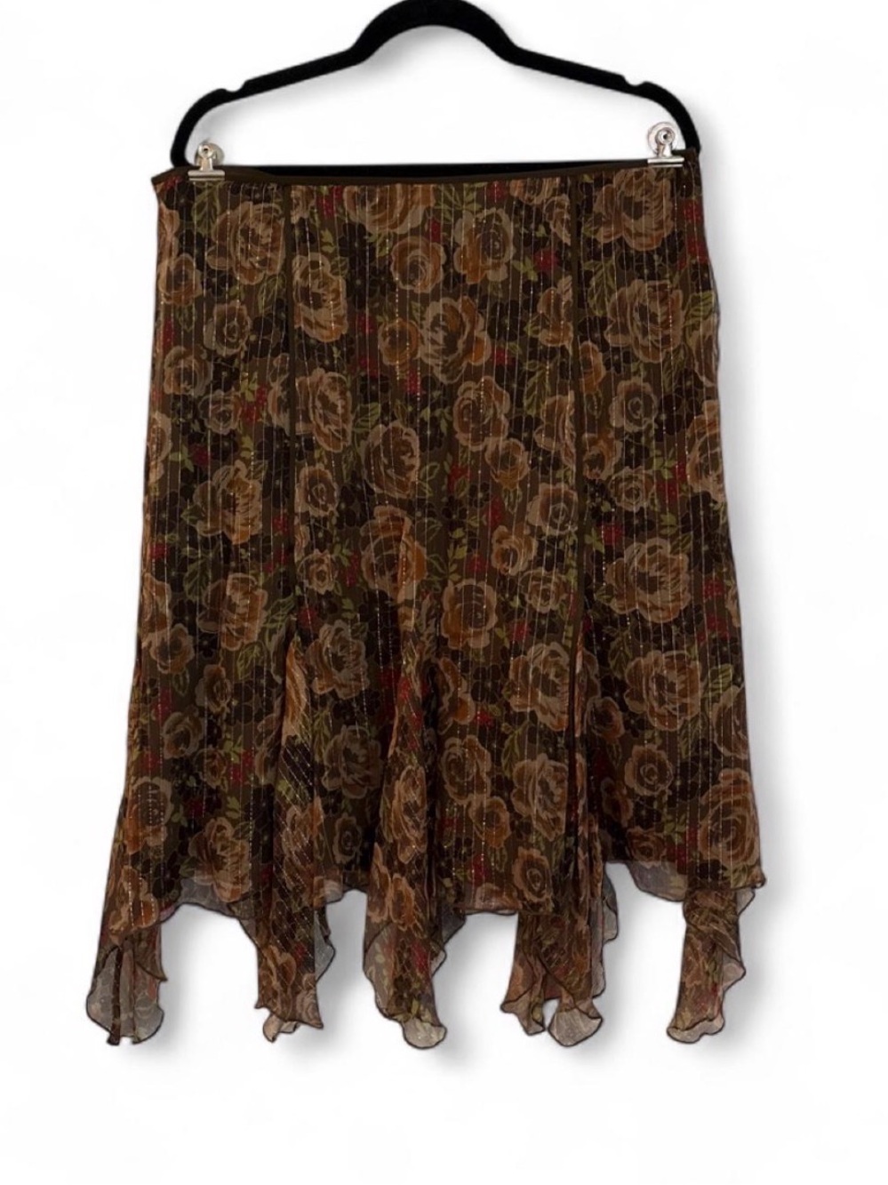 Context Brown Floral Asymmetrical Handkerchief Hem Skirt